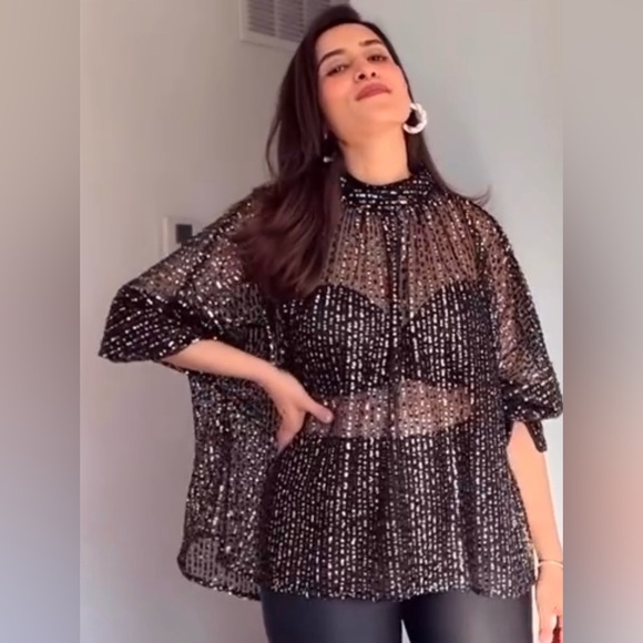 New Zara $69 Tied Collar Gold Sequin Semi Sheer Blouse 9127/572 Small - Picture 4 of 14